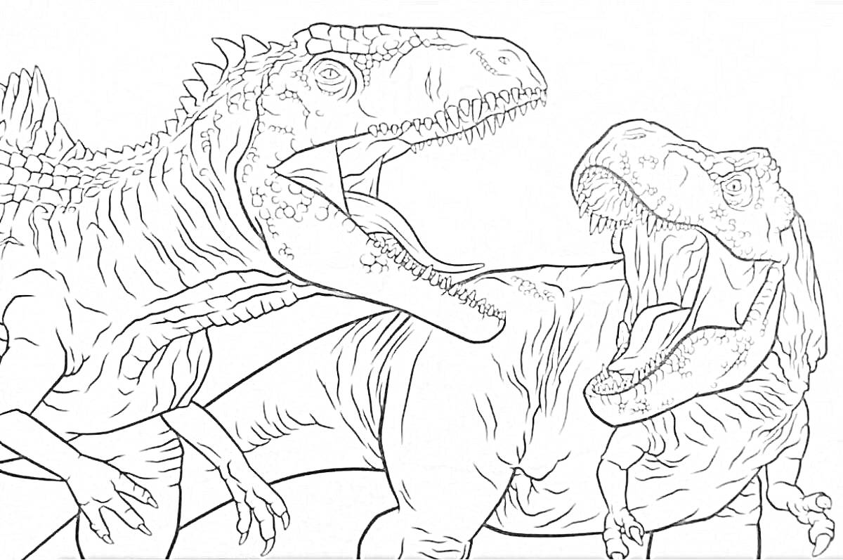 Раскраска Два динозавра в битве, крупные головы, разинутые пасти