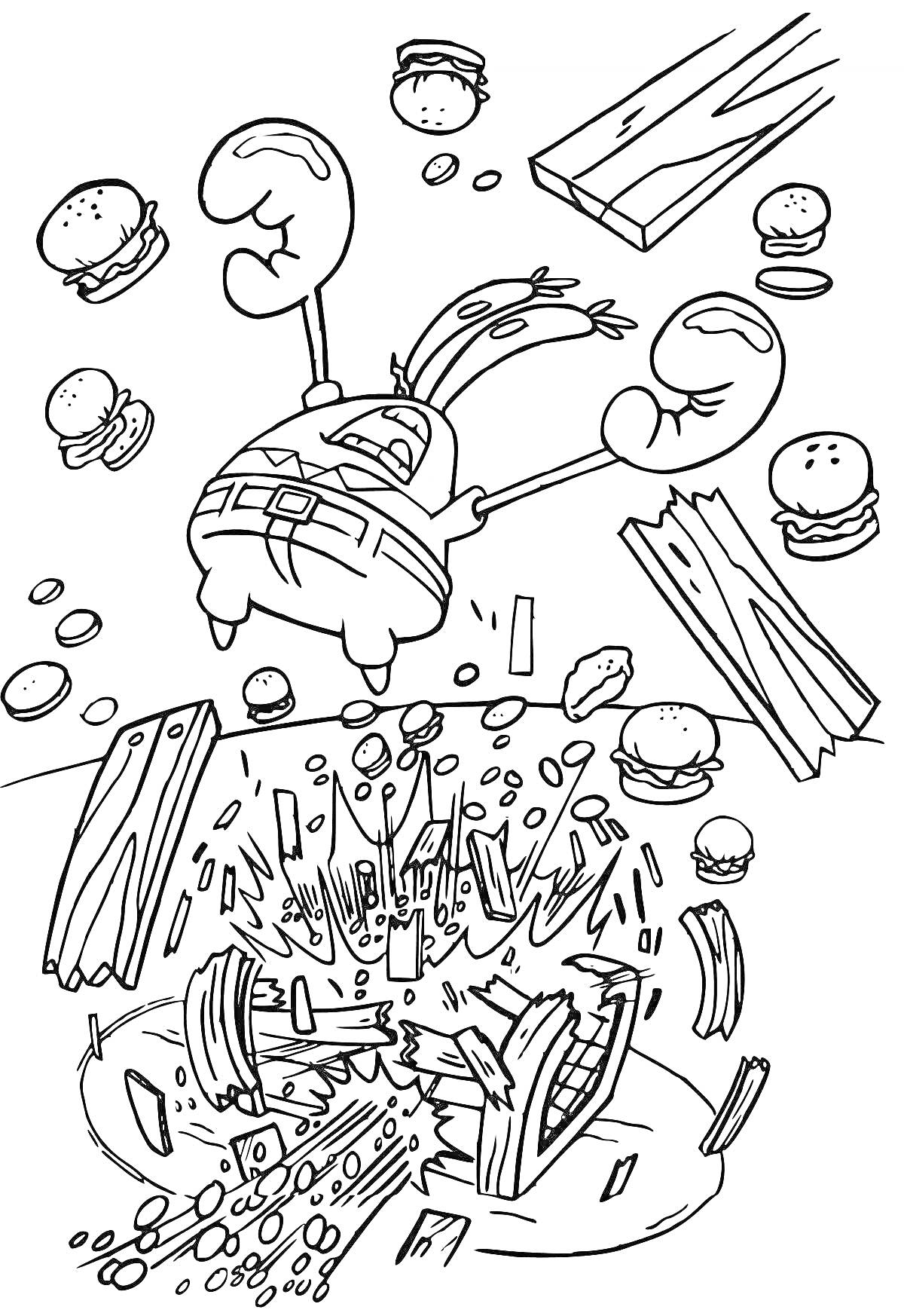 На раскраске изображено: Взрыв, Краб, Клешни, Гамбургеры, Деревянные доски, Полет