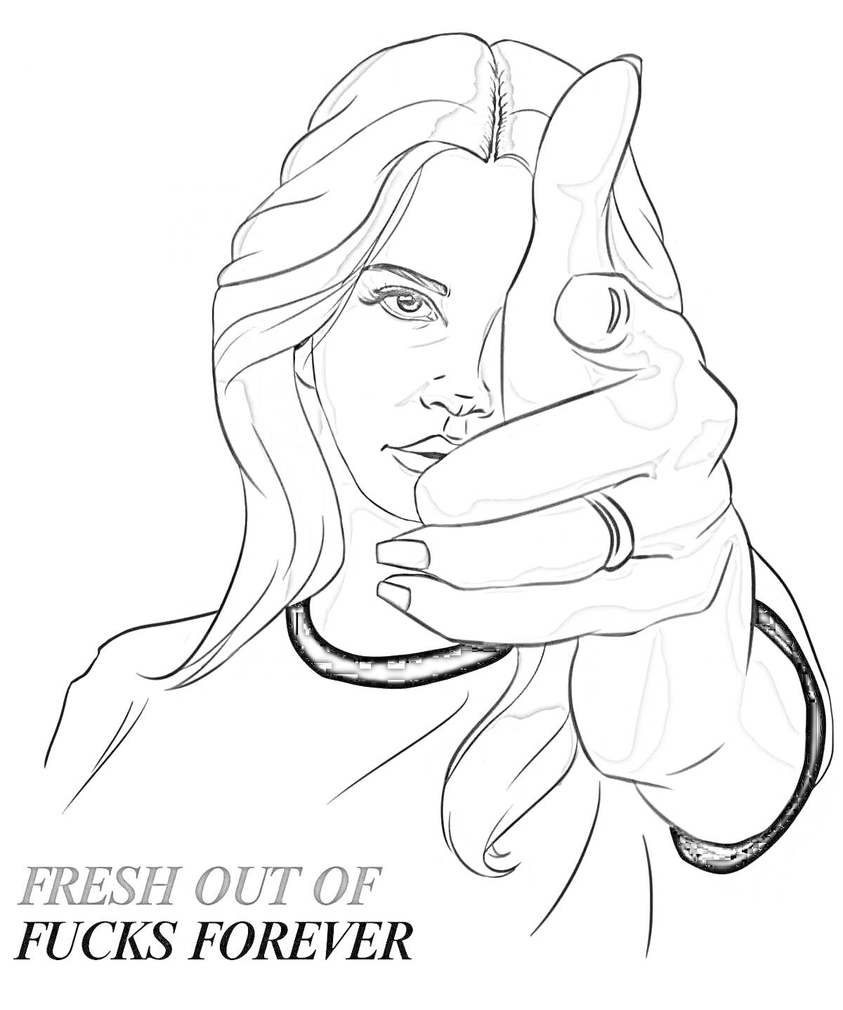 На раскраске изображено: Женщина, Длинные волосы, Жест рукой, Указательный палец, Кольцо, Надпись