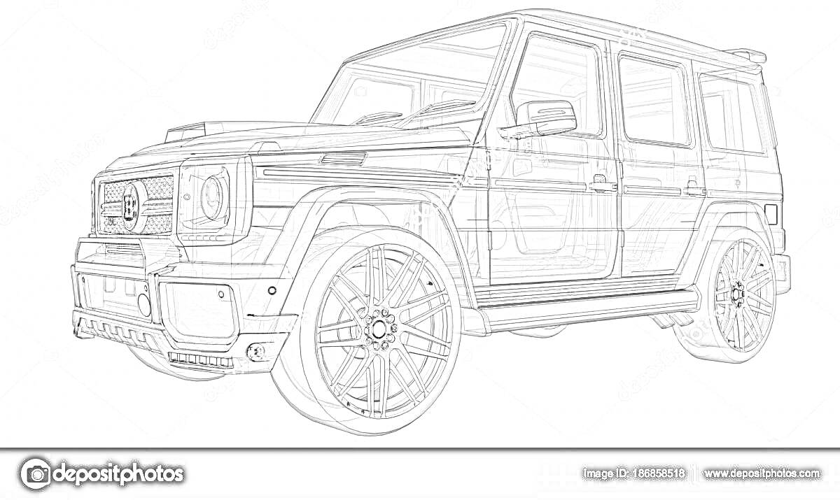 На раскраске изображено: G-class, Внедорожник, Колёса, Кузов, Техника