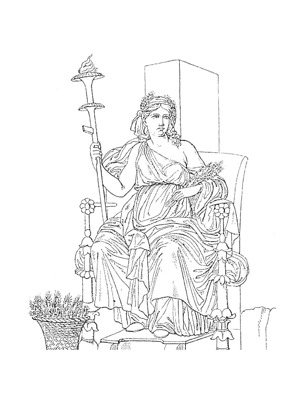 На раскраске изображено: Богиня, Трон, Факел, Пшеница, Древняя Греция, Мифология, Венок, Колос