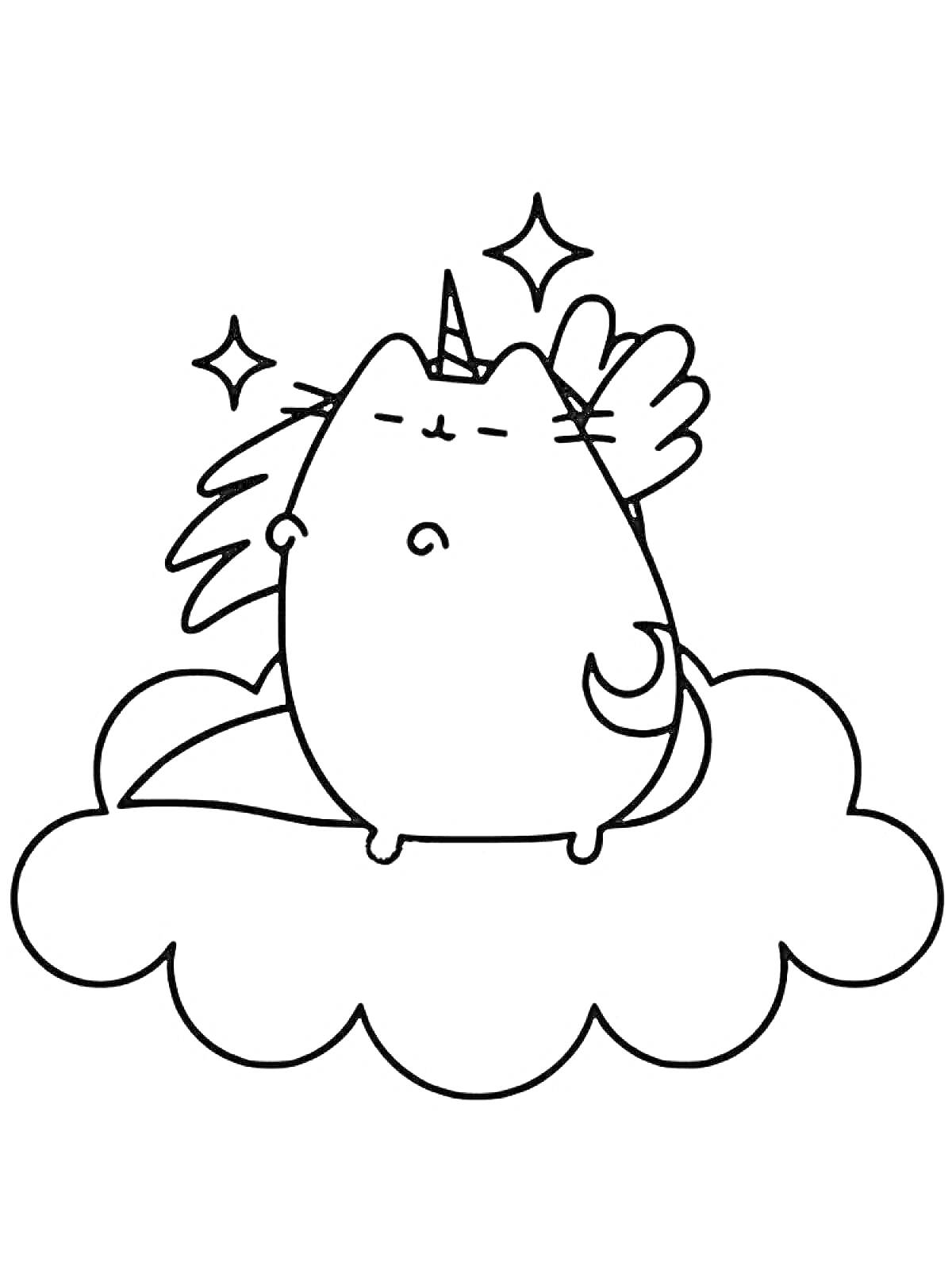 Раскраска Кот Пушин с рогом единорога и крыльями на облаке и звездах