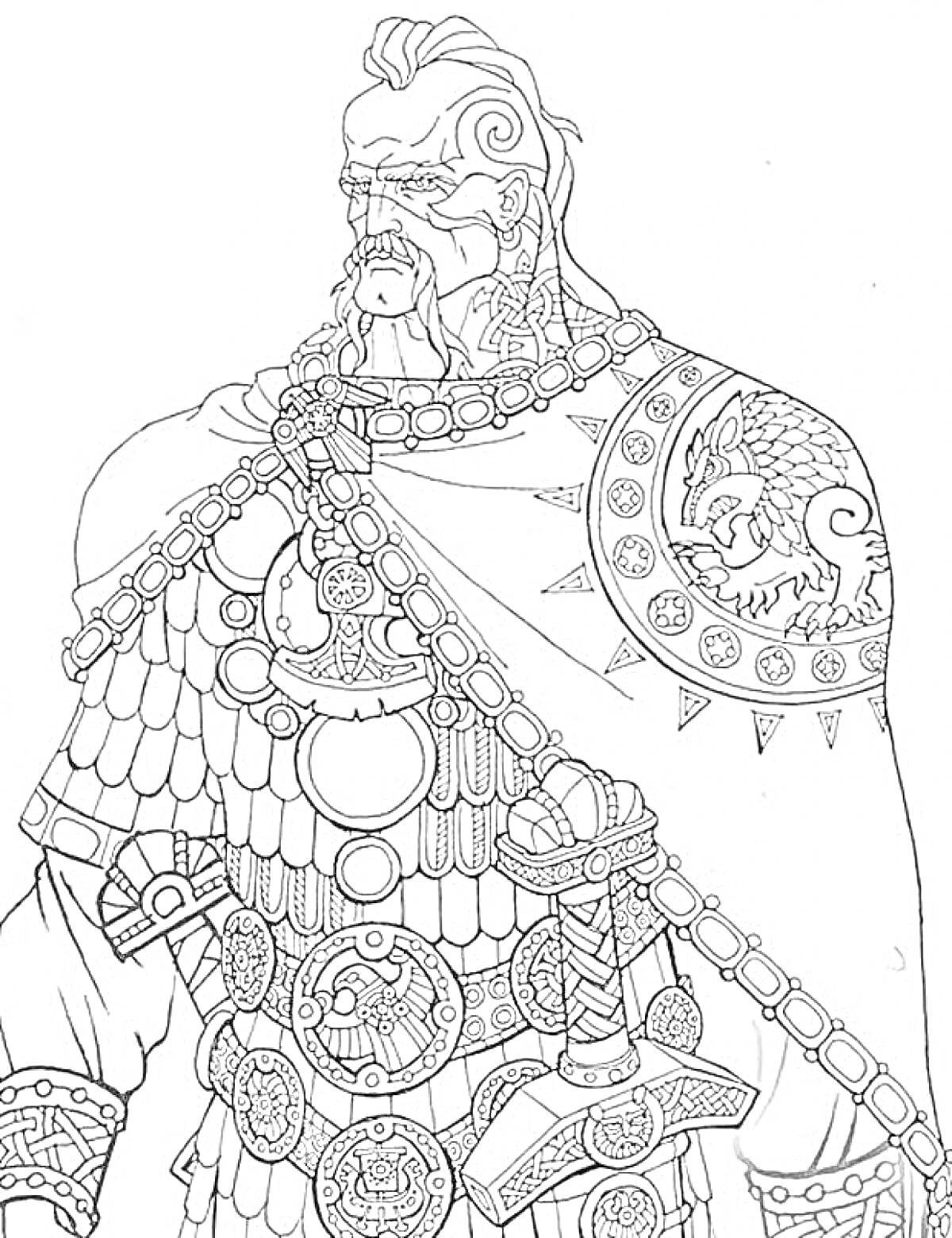 Раскраска Викинг с бородой и мечом, украшенный медальонами и меховой накидкой