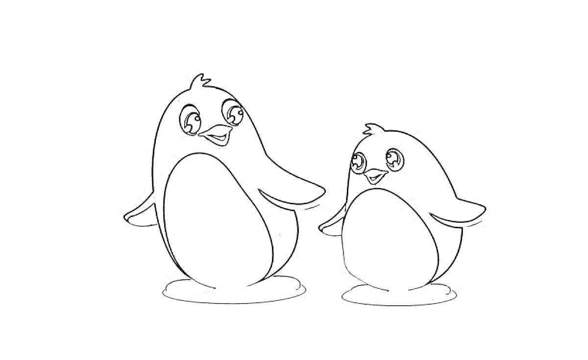 Раскраска Два стоящих пингвина с большими глазами и улыбками