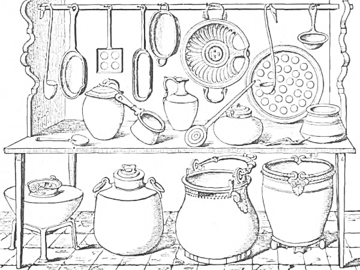 Раскраска Полка с кухонной посудой, включающей кастрюли, миски, черпаки, формы для выпечки, кувшины и сковороды