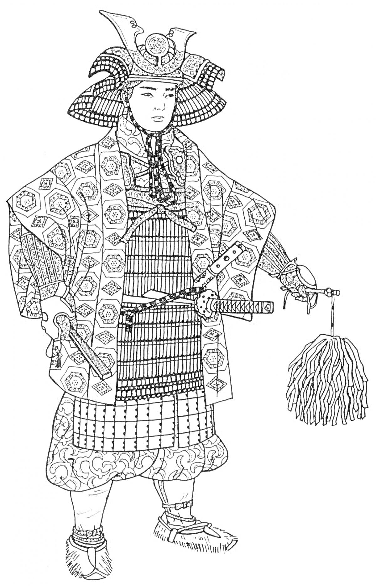 На раскраске изображено: Самурай, Традиционная одежда, Меч, Доспехи