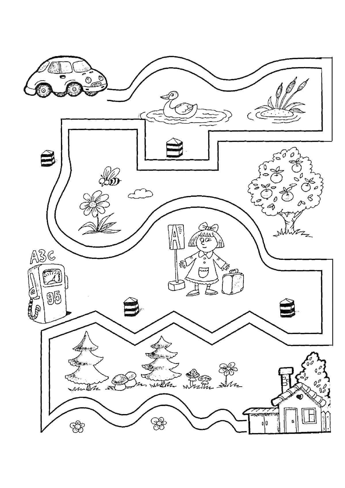 Раскраска Дорожка с машиной, уткой на озере, девочкой с табличкой и чемоданами, автоматом с буквами, домом, деревьями, и цветами