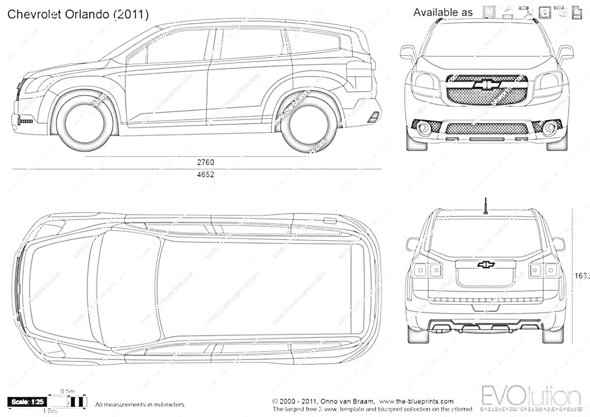 Раскраска Шевроле Орландо 2011, вид сбоку, вид сзади, вид сверху, вид спереди