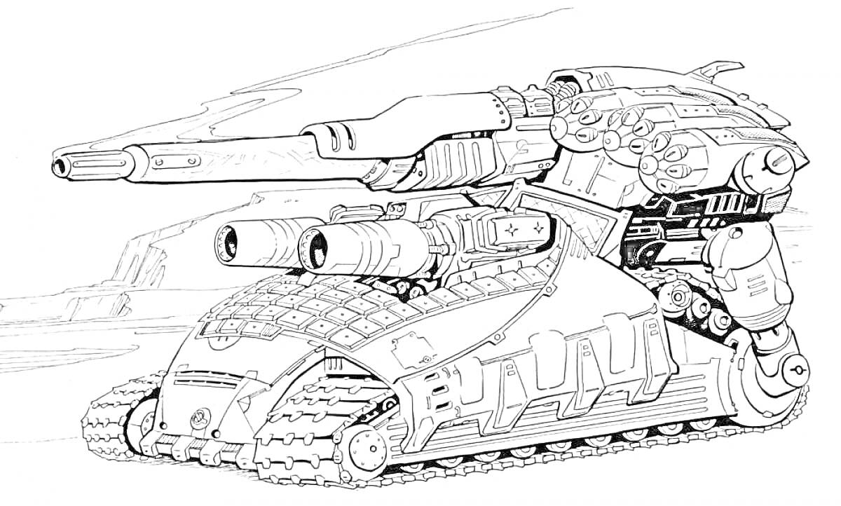 На раскраске изображено: Геранд, Робот, Танк, Оружие, Гусеницы, Боевой, Техника