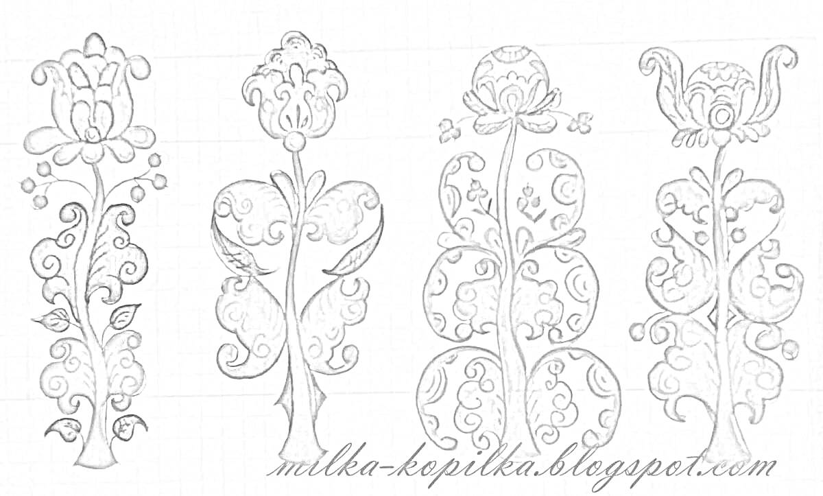 Раскраска Борецкая роспись - четыре цветочных элемента с изгибающимися стеблями и цветками