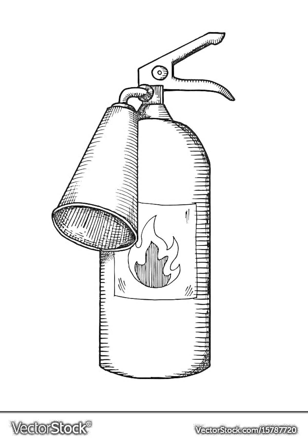 Огнетушитель с распылителем и наклейкой с изображением огня
