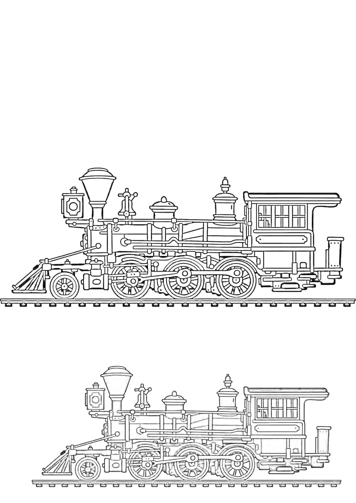 Раскраска Два паровоза на железной дороге (с большим дымоходом, шестью колесами и кабиной машиниста)