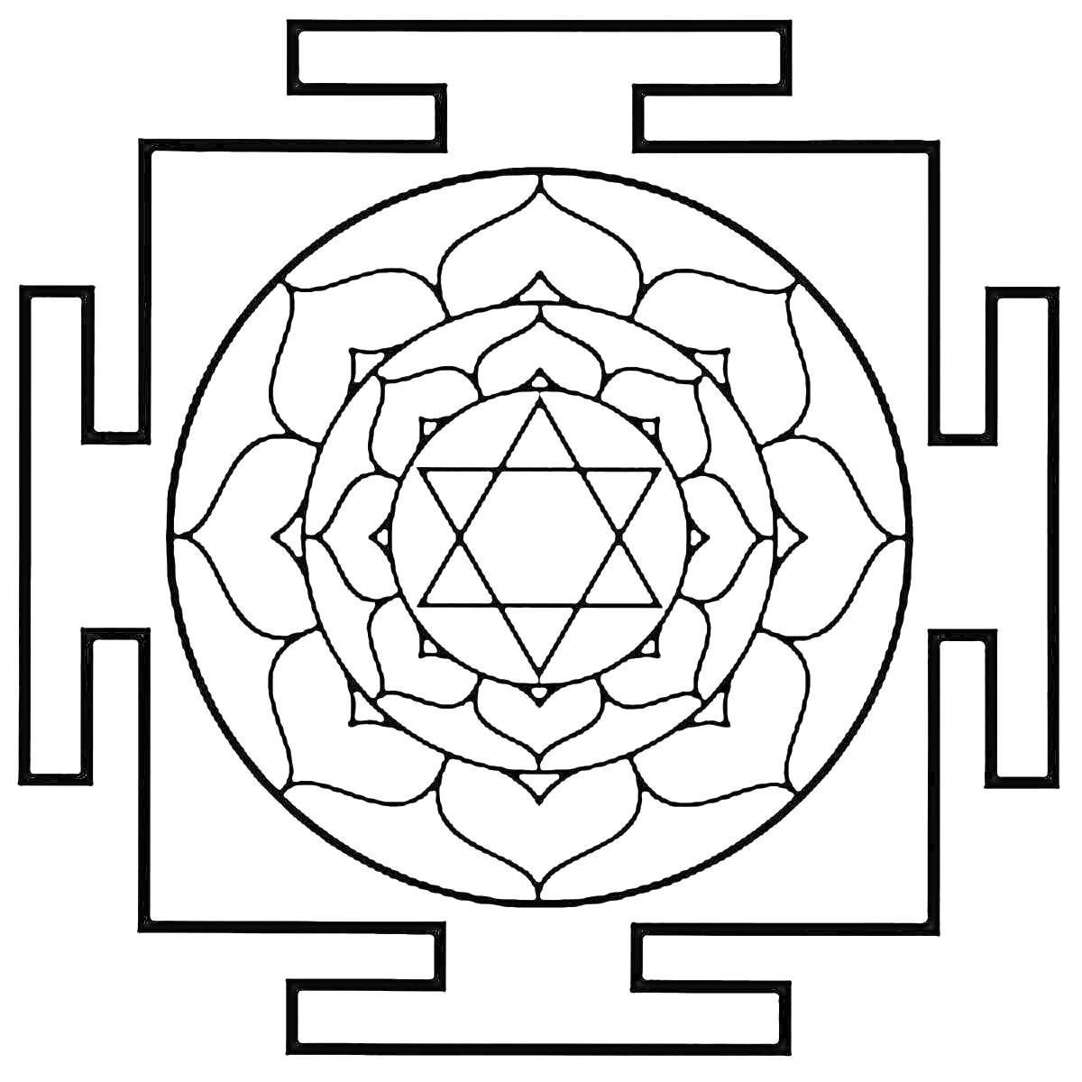 Раскраска Янтра с лепестками лотоса и шестиконечной звездой в квадратной рамке