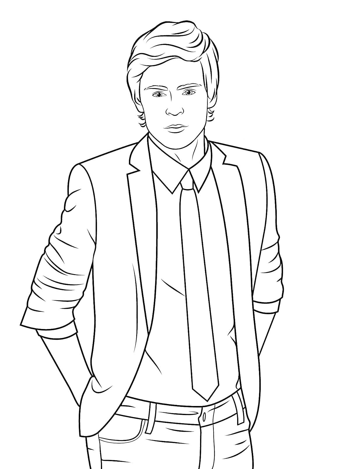 Раскраска Мужчина в пиджаке и галстуке с руками в карманах