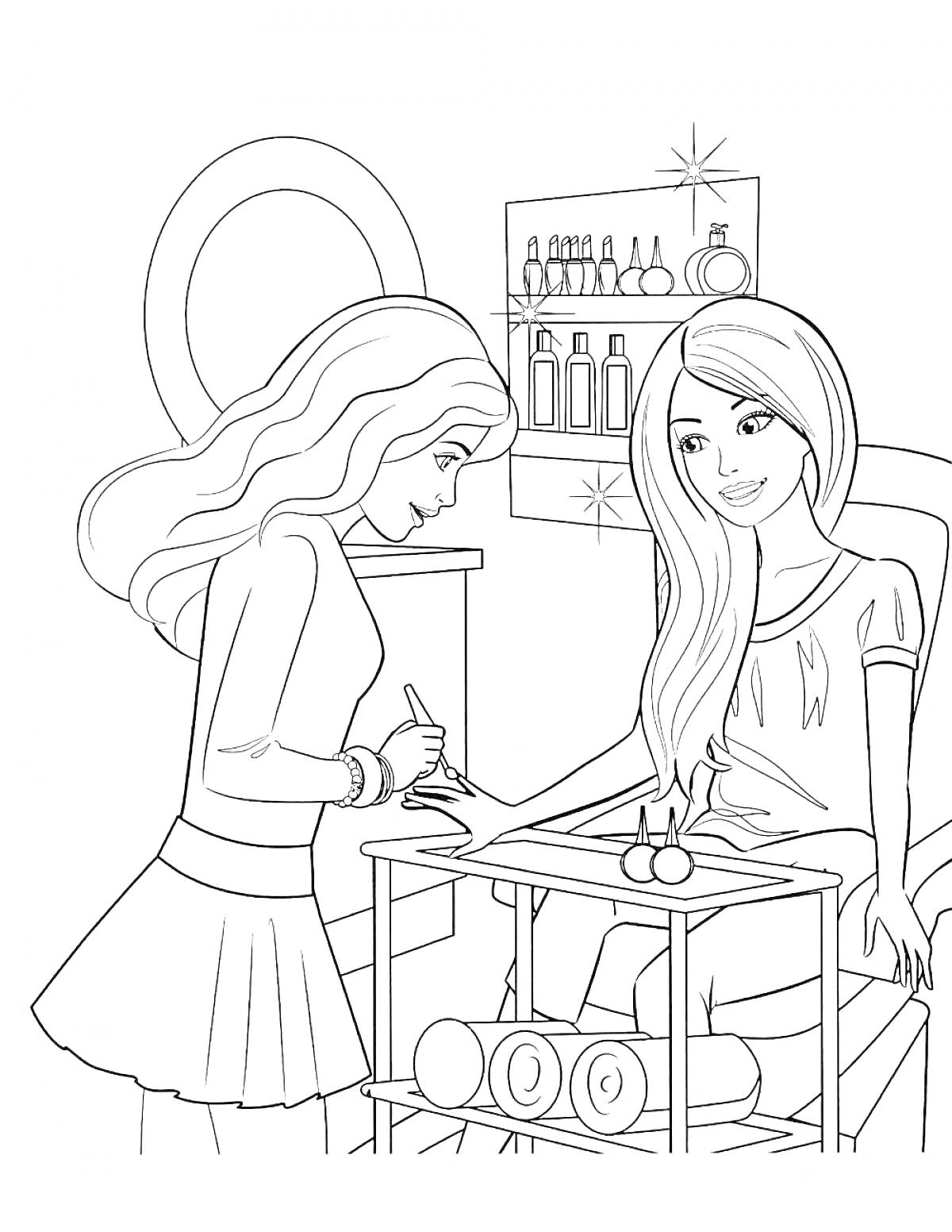 Барби в салоне красоты - две девушки, маникюр, полки с косметикой, столик с маникюрными принадлежностями