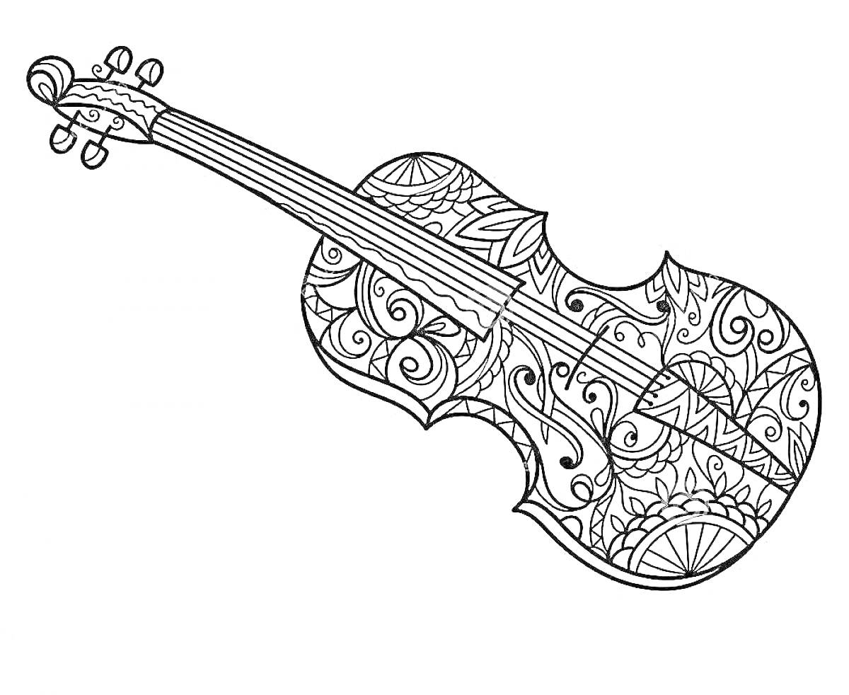 На раскраске изображено: Скрипка, Музыкальный инструмент, Узоры, Декоративное, Орнамент