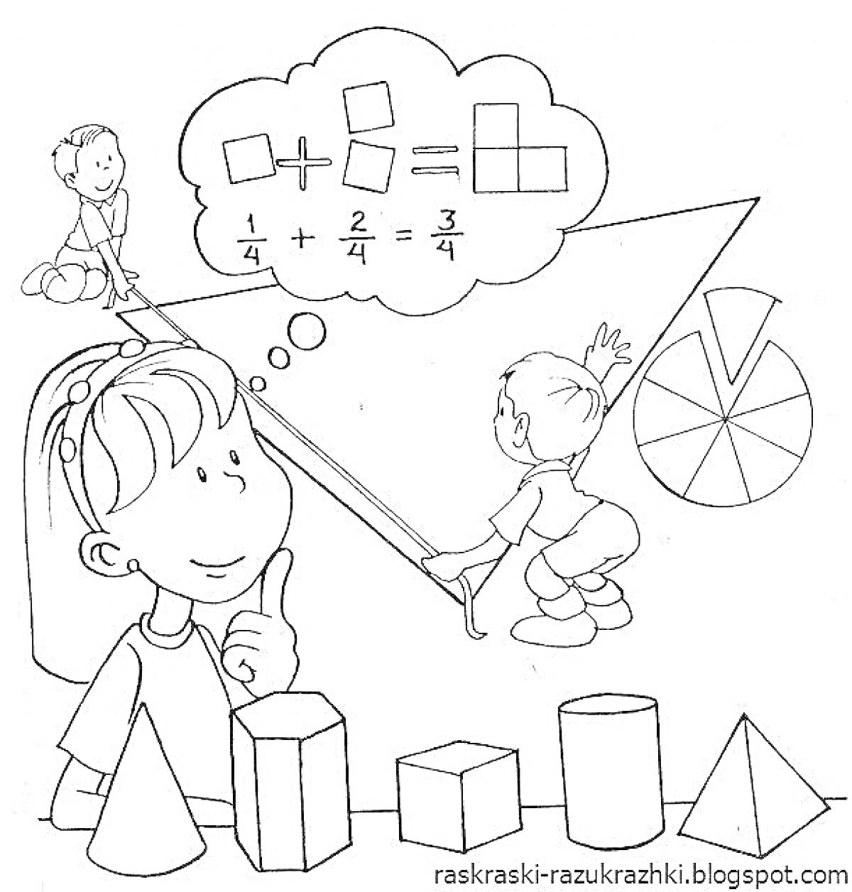 На раскраске изображено: Геометрические фигуры, Математика, Примеры, Кубы, Учеба, Арифметика