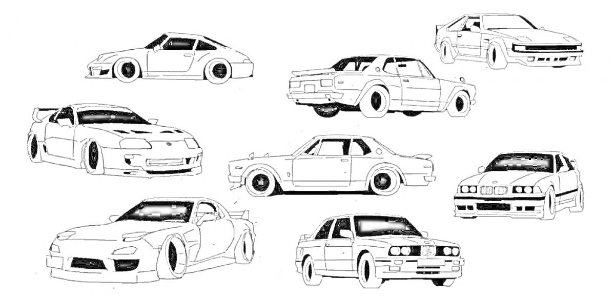 Раскраска Раскраска с изображением семи разных спортивных машин