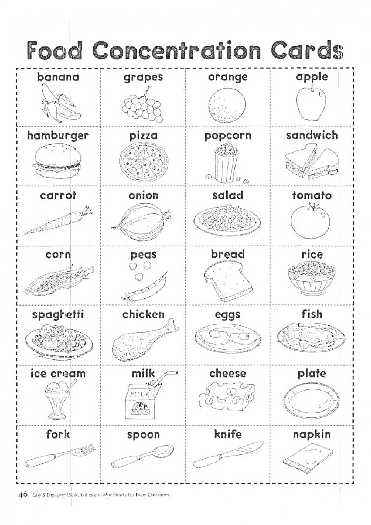 Food Concentration Cards - banana, grapes, orange, apple, hamburger, pizza, popcorn, sandwich, carrot, onion, salad, tomato, corn, peas, bread, rice, spaghetti, chicken, eggs, fish, ice cream, milk, cheese, plate, fork, spoon, knife, napkin