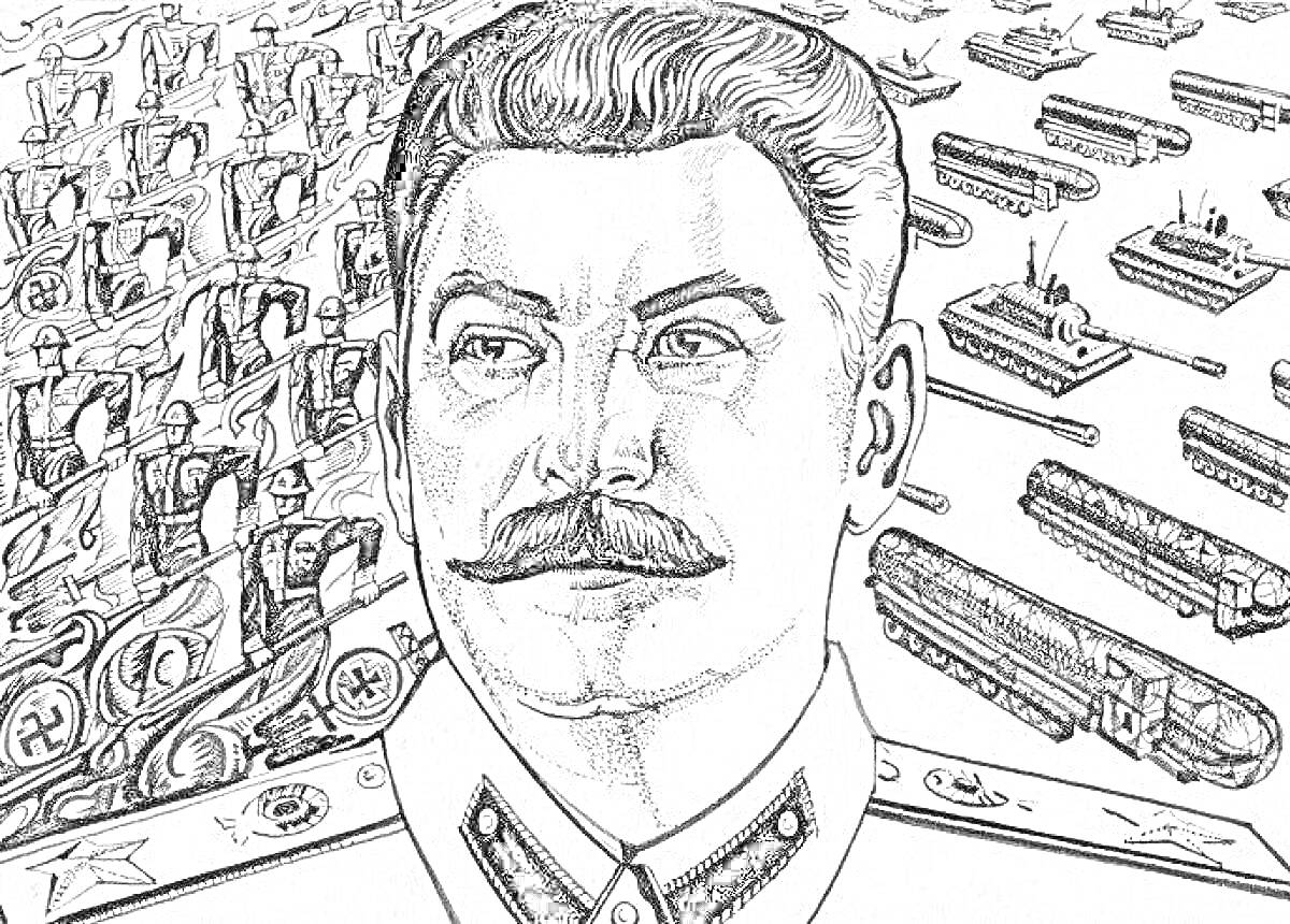 Раскраска Портрет Сталина на фоне военной техники, включая танки и самолеты