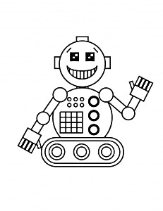 Раскраска Робот с квадратными глазами и зубастой улыбкой, на гусеницах, со множеством кнопок на теле, с поднятой рукой