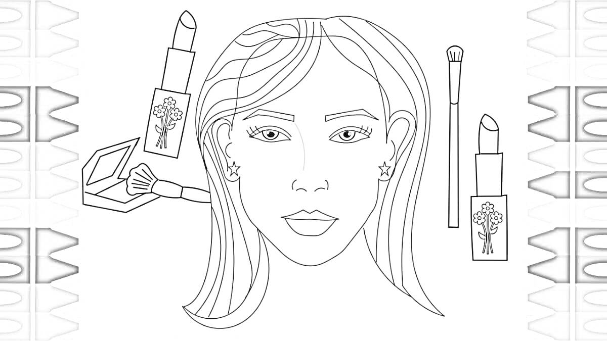 Портрет девушки с косметикой, включающей помаду, кисточку для макияжа и пудру