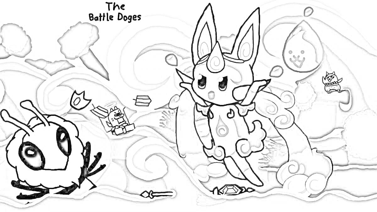 Раскраска Боевая сцена с кошачьими и собачьими персонажами, включающая собаку в рыцарском доспехе с топором, крылатую собаку с рогами, летучее существо-кошка и деревья на фоне.