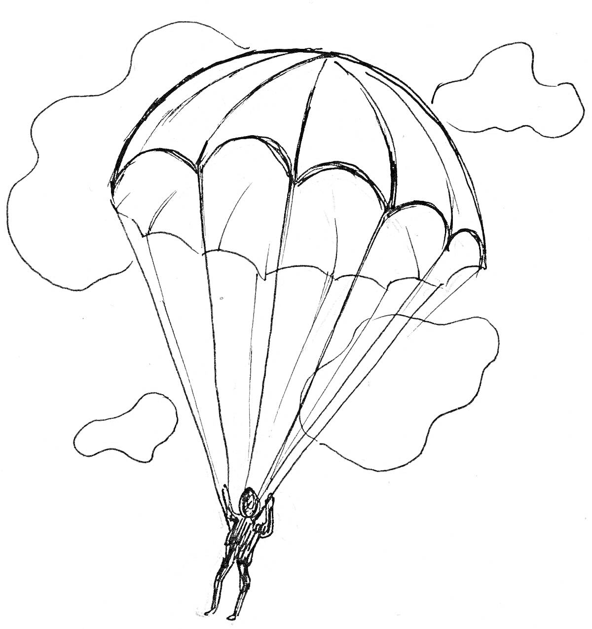 Раскраска Парашютист военный в небе с парашютом и облаками