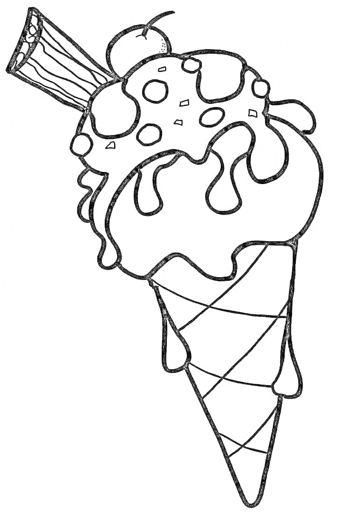Раскраска Мороженое в вафельном рожке с кусочками шоколада, вишенкой и палочкой вафли