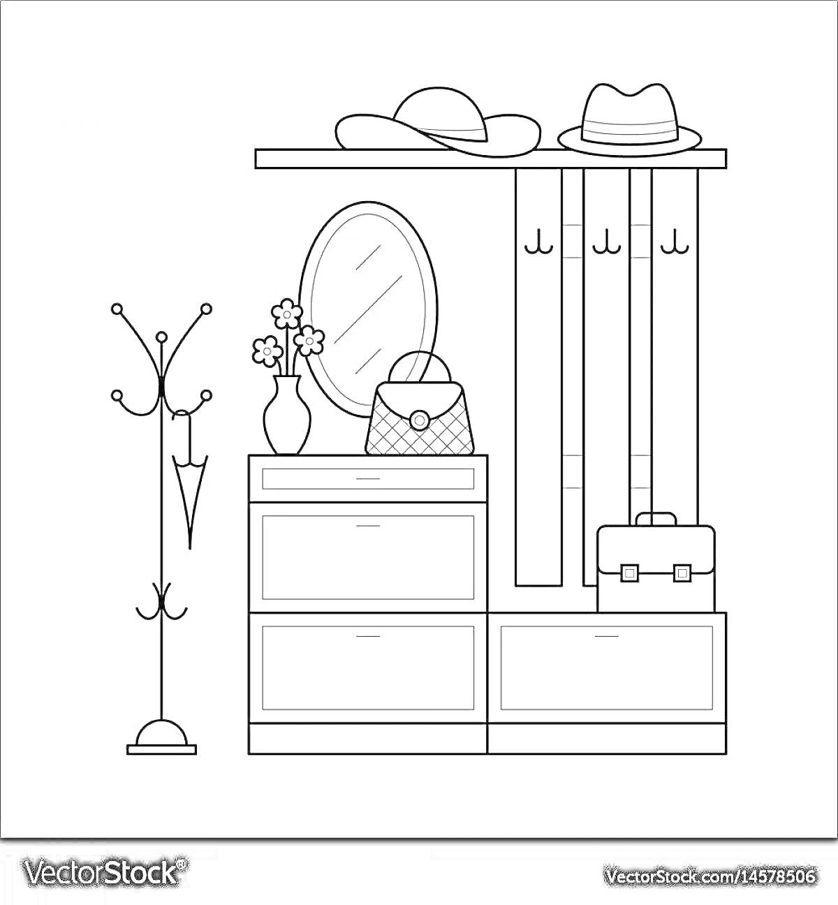 Раскраска Прихожая с тумбочкой, вешалкой, зонтами, зеркалом, шляпами, цветами в вазе и сумкой