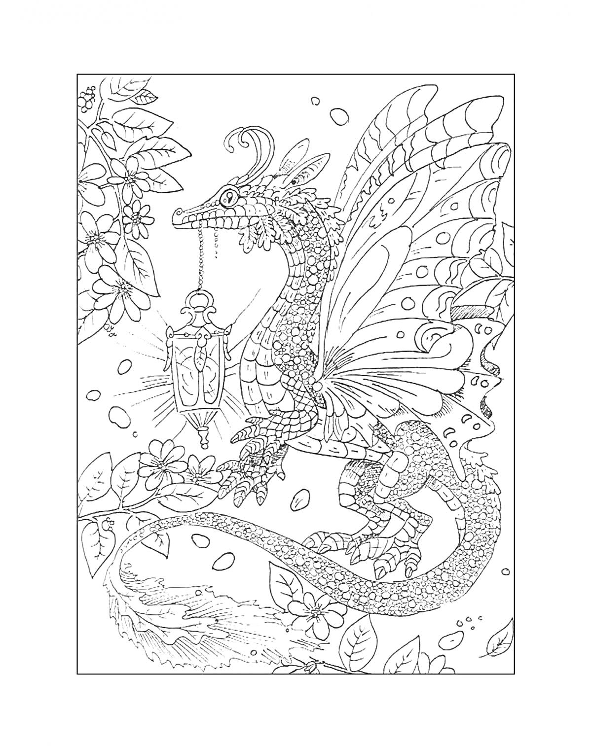 На раскраске изображено: Дракон, Ветка, Цветы, Листья, Природа, Мечты, Волшебство, Бабочка