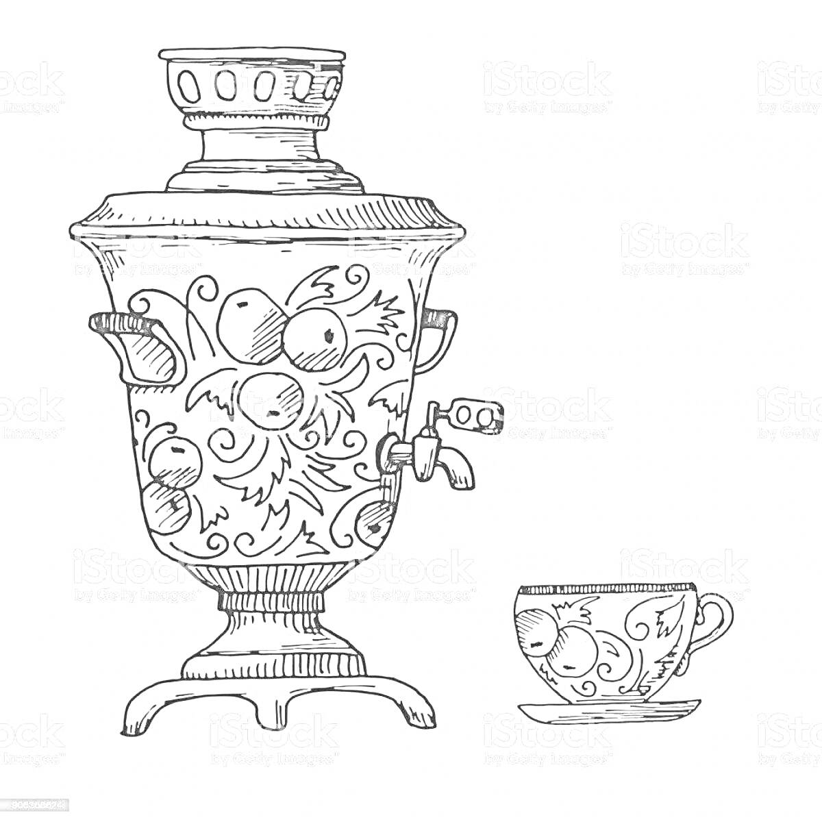 На раскраске изображено: Самовар, Узоры, Чай, Традиции