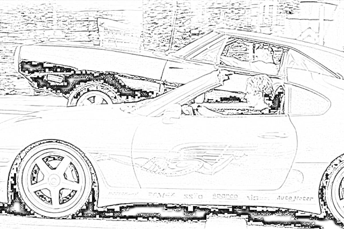 Раскраска Гонки на спортивных автомобилях — два автомобиля в движении, водитель в переднем автомобиле, автомобили классический и современных форм