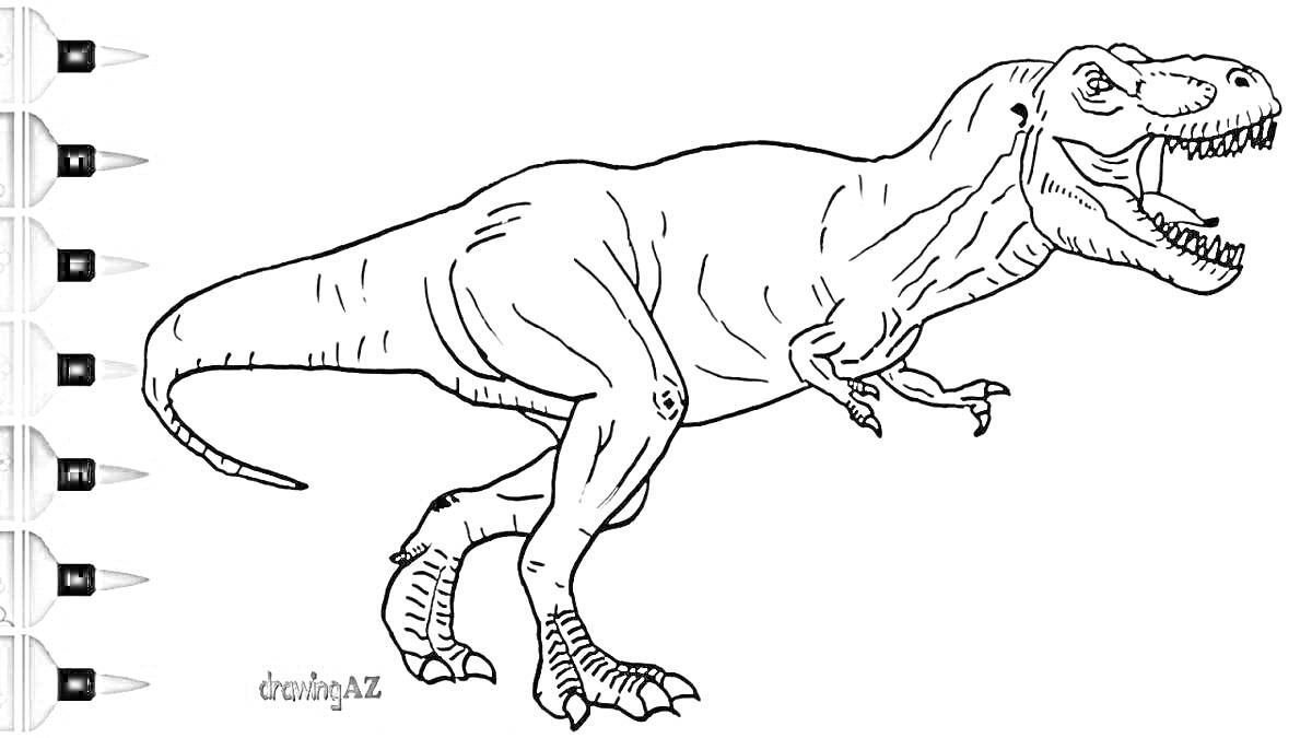 Раскраска Тираннозавр Рекс, контурный рисунок, с открытой пастью, набор фломастеров с левой стороны