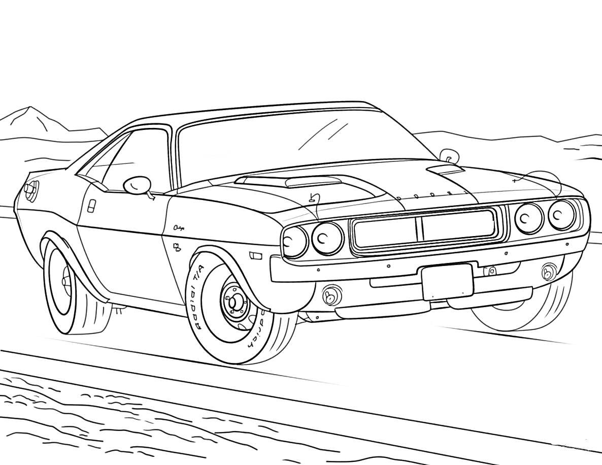 Раскраска Ретро автомобиль Dodge на фоне гор и дороги