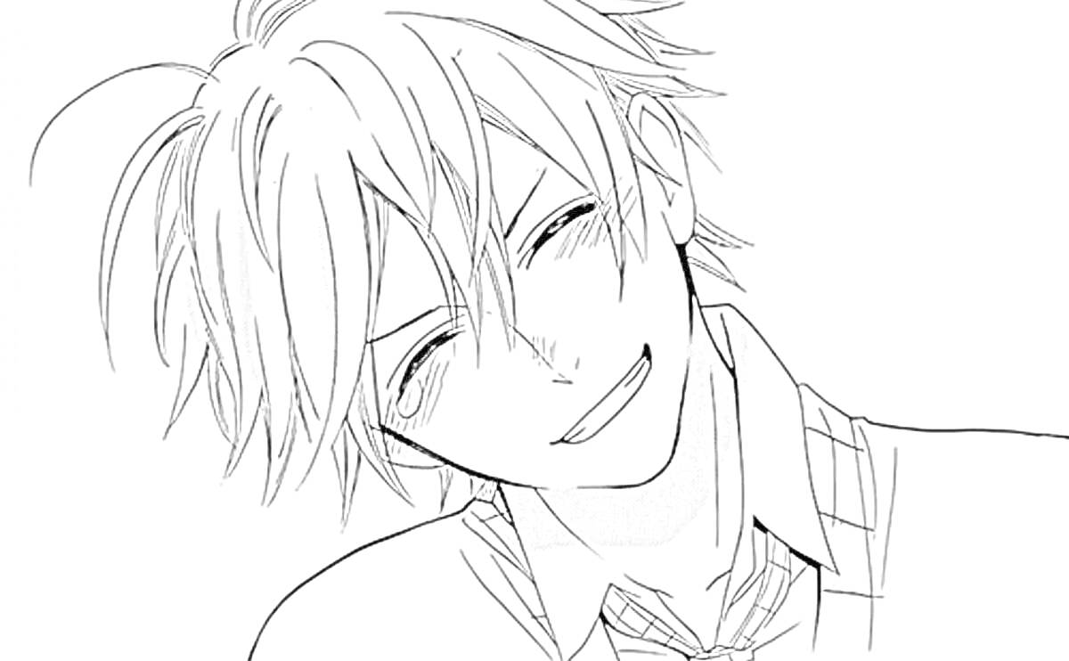 Раскраска улыбающийся мальчик с растрепанными волосами в рубашке и галстуке