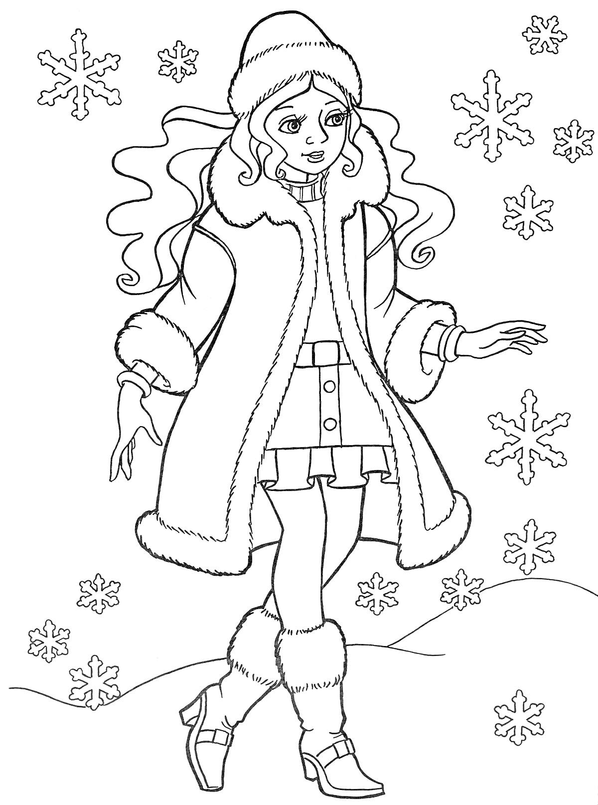 Раскраска Девочка в зимней одежде на фоне снежинок