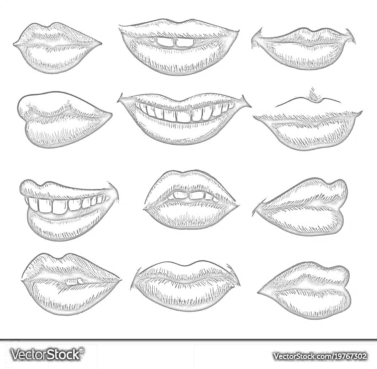 Раскраска Набор эскизов различных форм губ, включая открытые и закрытые, с зубами и без, 12 вариантов