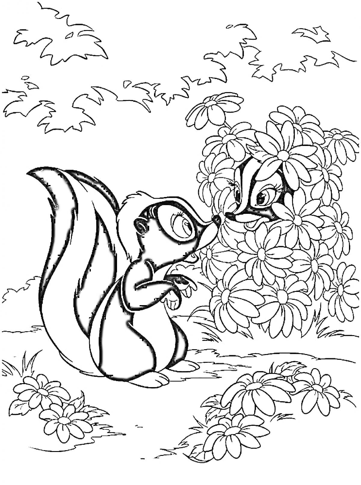 Раскраска Скунс и скунсия за цветочным кустом на лесной поляне