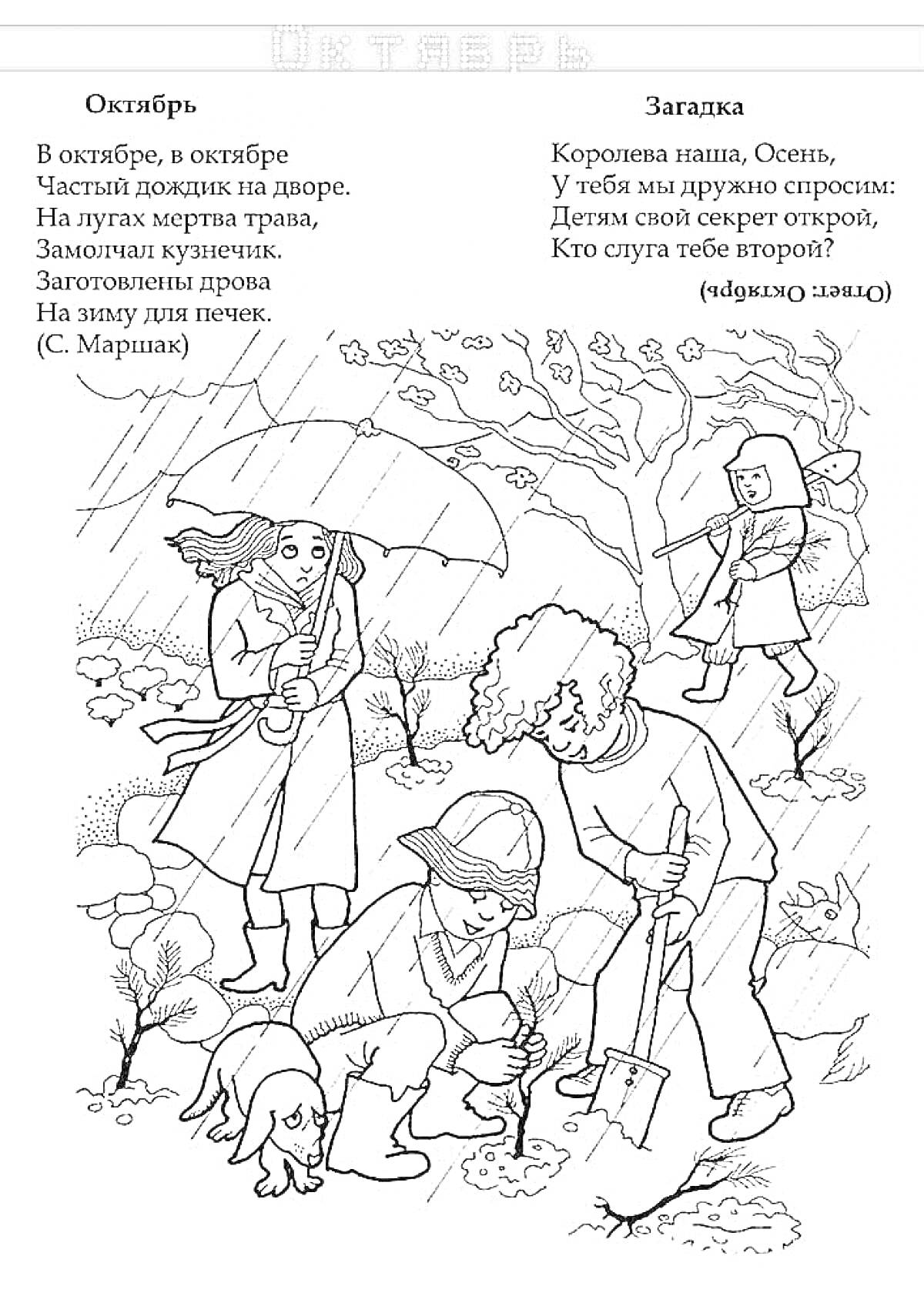 На раскраске изображено: Октябрь, Осень, Дождь, Зонты, Ребенок, Женщина, Мужчина, Работа, Лопата, Собака, Деревья, Кусты, Листья, Загадка, Человек