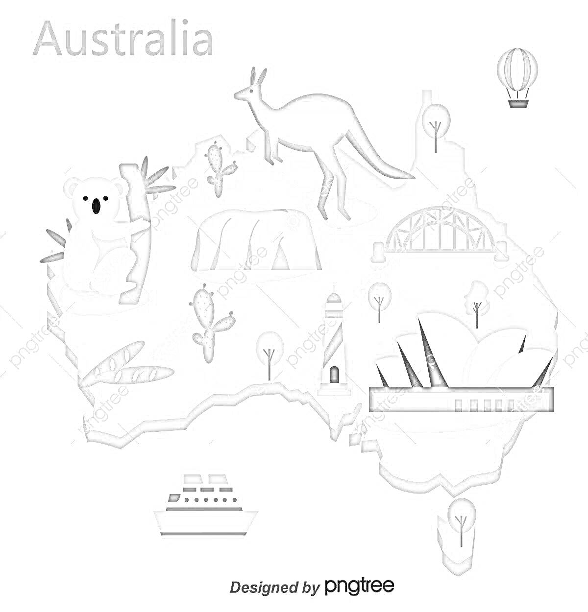 Раскраска Карта Австралии с кенгуру, коалой, мостом, оперным театром, маяком, кактусами, воздушным шаром и круизным лайнером.