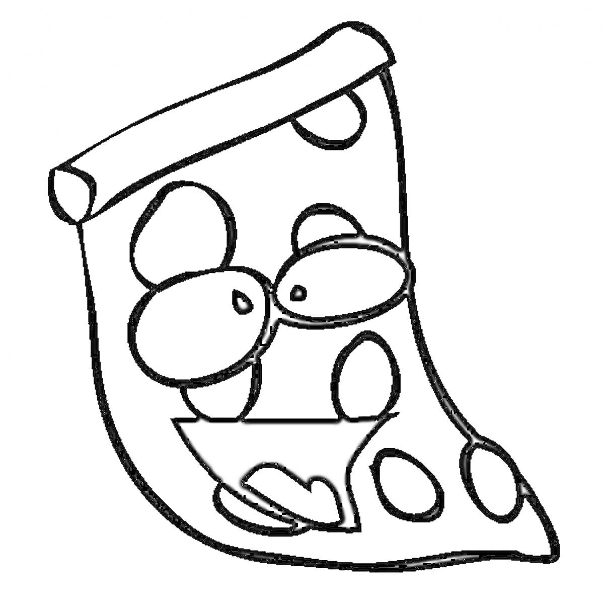 Ломтик пиццы с глазами и улыбкой, с круглыми элементами, похожими на сыр или колбасу