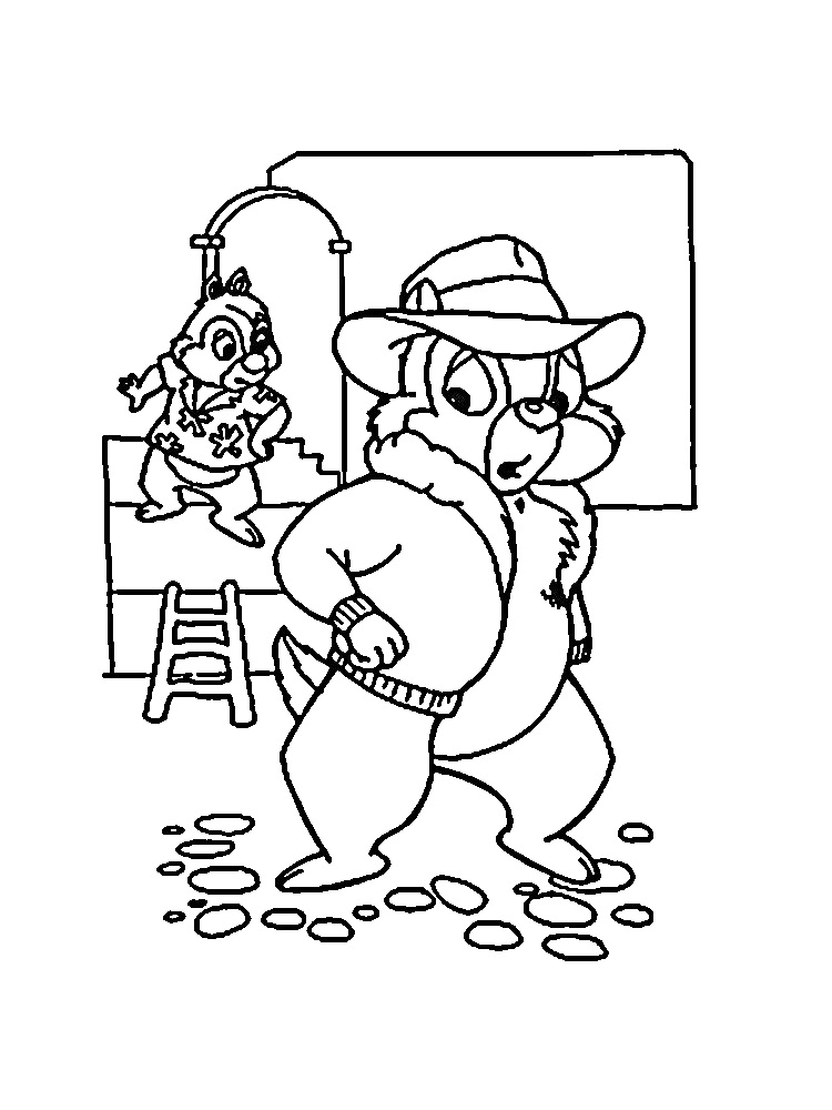Раскраска Чип и Дейл - Чип в шляпе и куртке перед камнями, Дейл в рубашке с коротким рукавом на лестнице
