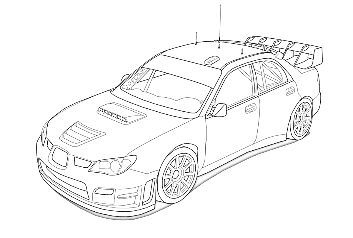 Раскраска Гоночный автомобиль Subaru с антикрылом и радиаторной решеткой