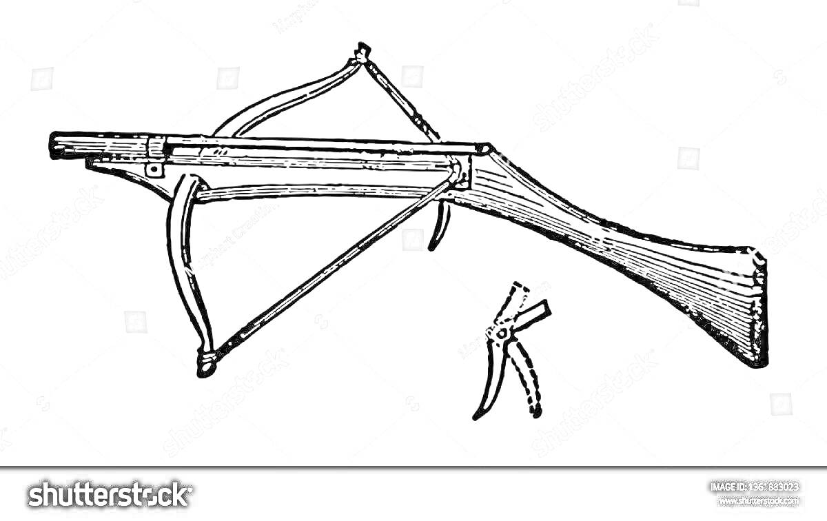 На раскраске изображено: Арбалет, Оружие, Лук, Тетива