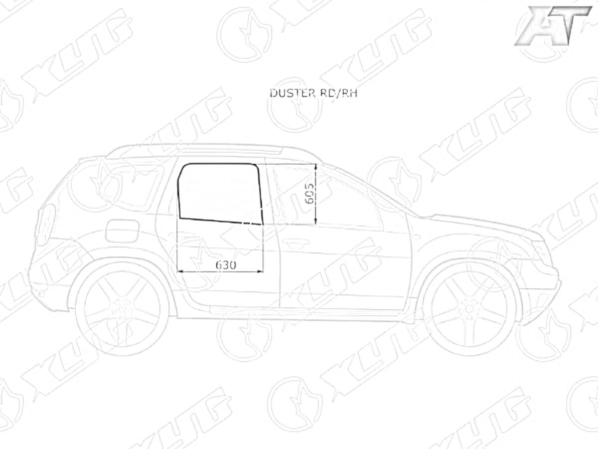 Раскраска Боковая схема автомобиля Duster с размерами окон задней части