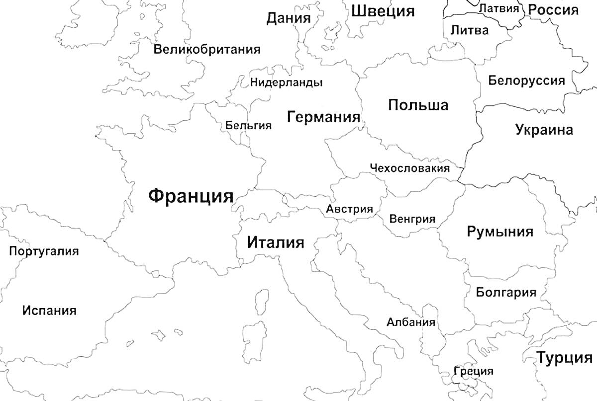 На раскраске изображено: Карта, Мир, Европа, Франция, Испания, Португалия, Великобритания, Германия, Италия, Польша, Россия, Украина, Белоруссия, Швеция, Дания, Австрия, Турция