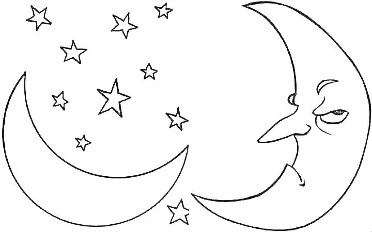 На раскраске изображено: Луна, Звезды, Ночь, Космос, Месяц