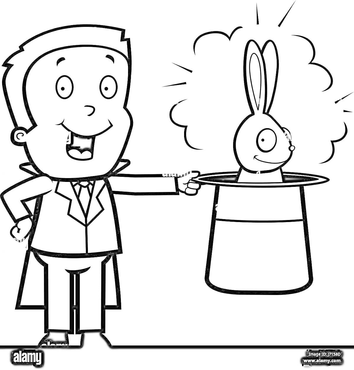 Илллюстратор в костюме фокусника показывает кролика, которого достали из цилиндра.