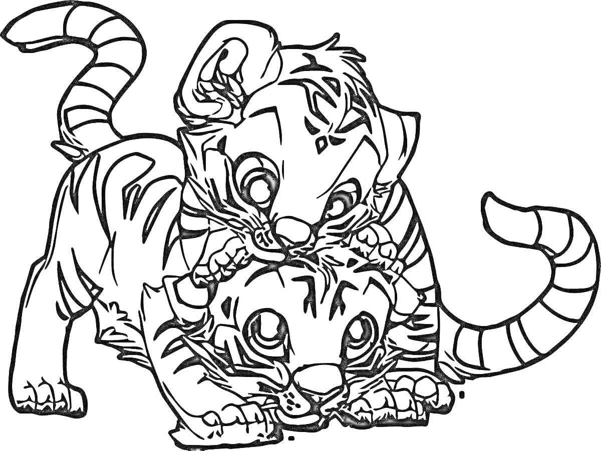 На раскраске изображено: Тигрята, Тигр, Детеныши, Дружба, Игра, Животные, Дикие кошки